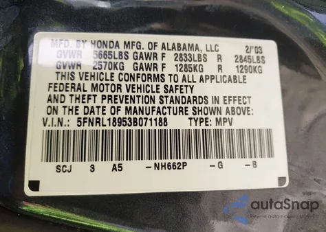2003 Honda Odyssey Ex-L from USA, damaged, VIN 5FNRL18953B071188